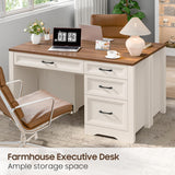 Farmhouse Executive Desk with Storage and Ample File Drawer, Rustic Large Home Writing Desk, White