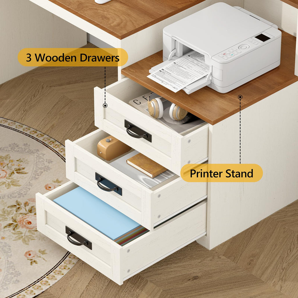 65" Farmhouse Computer Desk with Drawers and Printer Stand