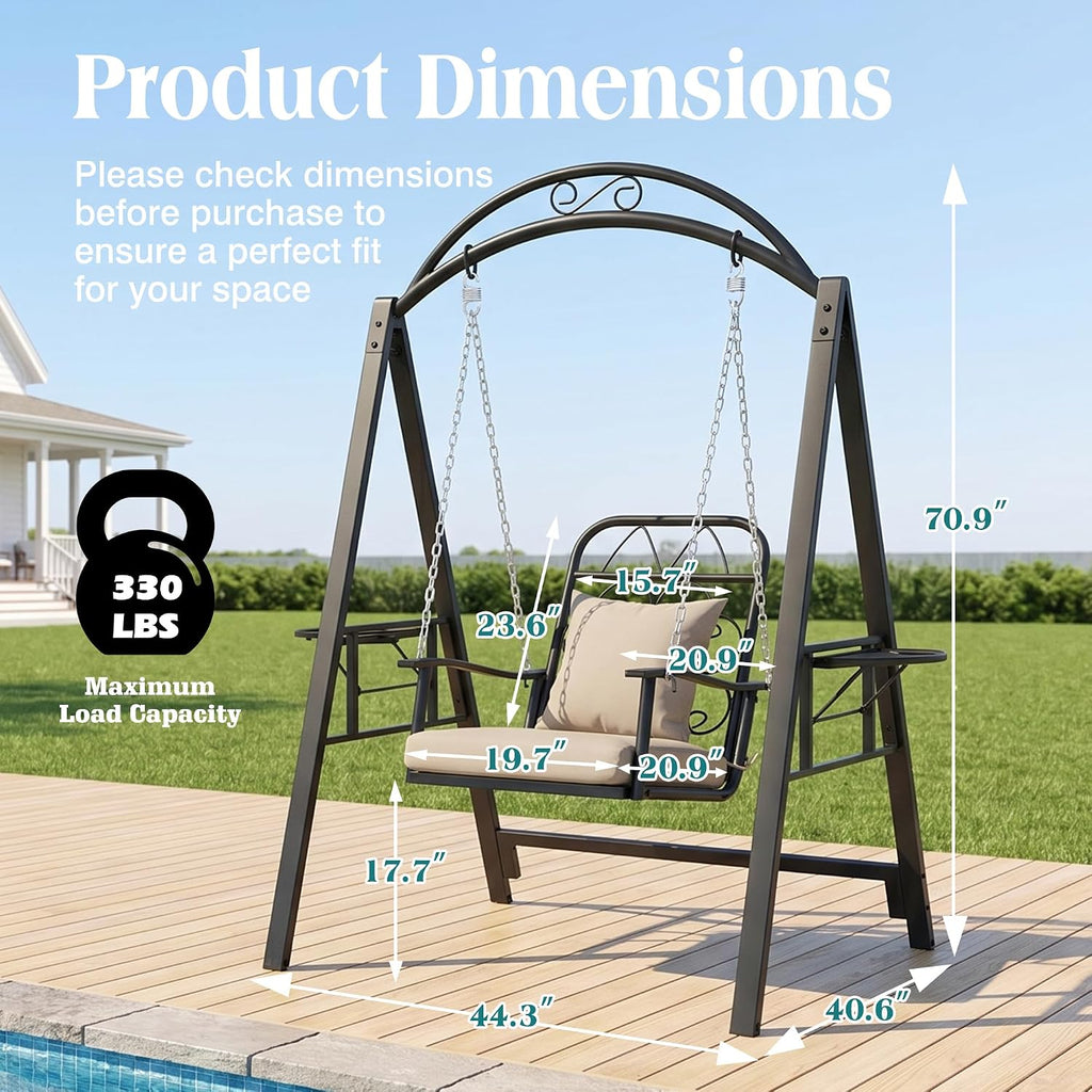 Metal Porch Swing with Stand, 350 LBS Outdoor Patio Porch Swing | Single Outdoor Patio Swing Chair with Heavy-Duty