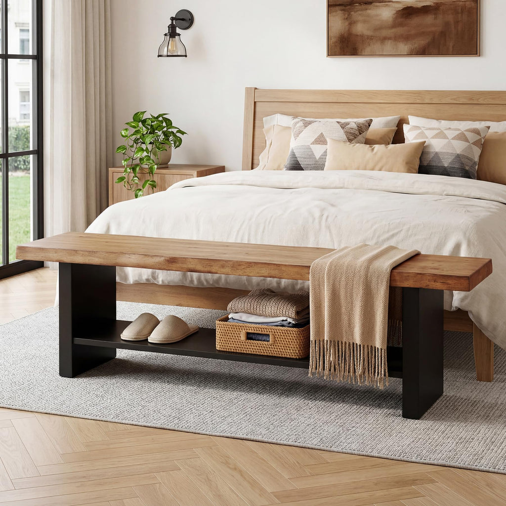 55" Solid Wood Bench with Shoe Storage, 2-Tier Farmhouse Entryway Bench, Narrow Rustic Brown Bench