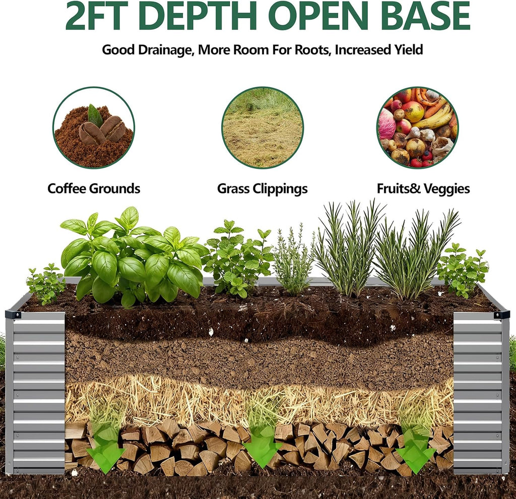 8x4x2ft Galvanized Raised Garden Bed,Metal Raised Beds Kit Silver | 2FT Deep Root Elevated Garden Planter Box