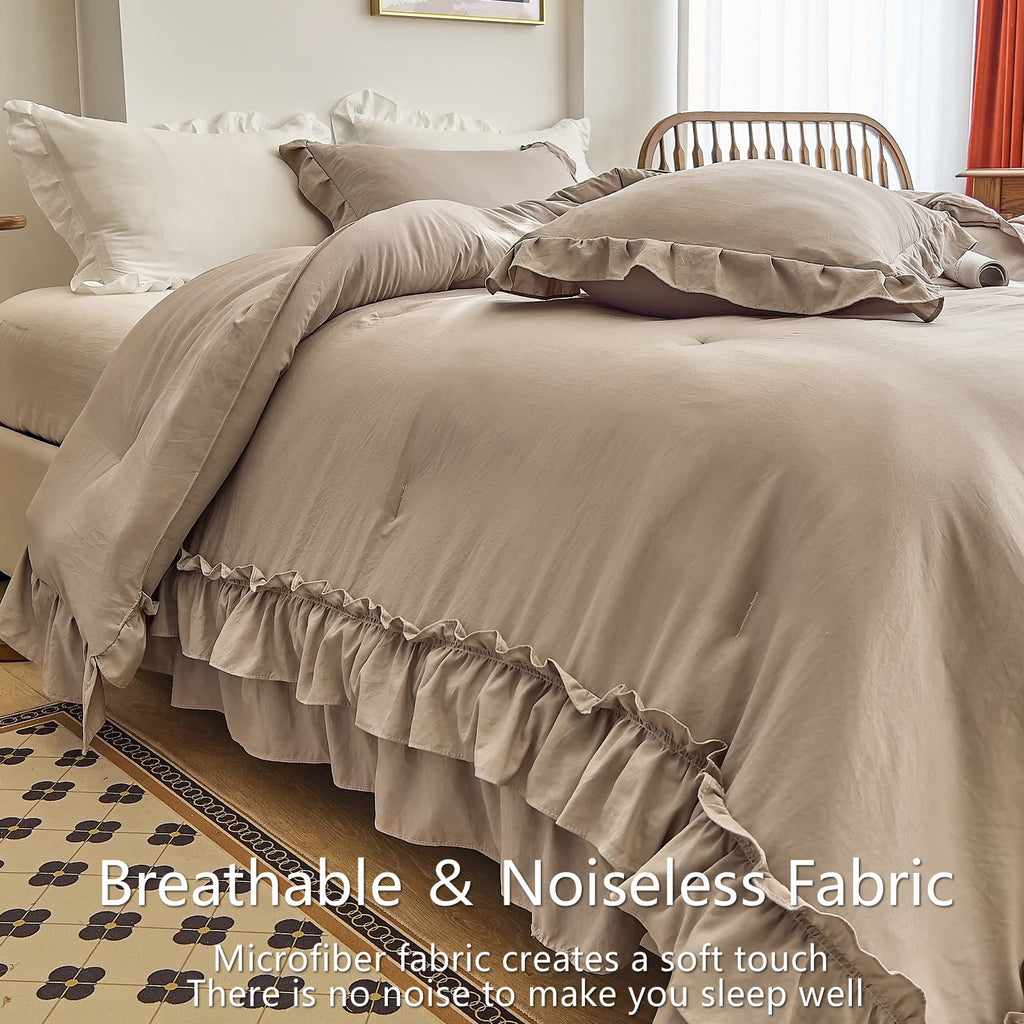 Taupe Comforters Set, Vintage Boho Chic Farmhouse Bedding Sets Shabby Ruffle Bed Comforter Bedding