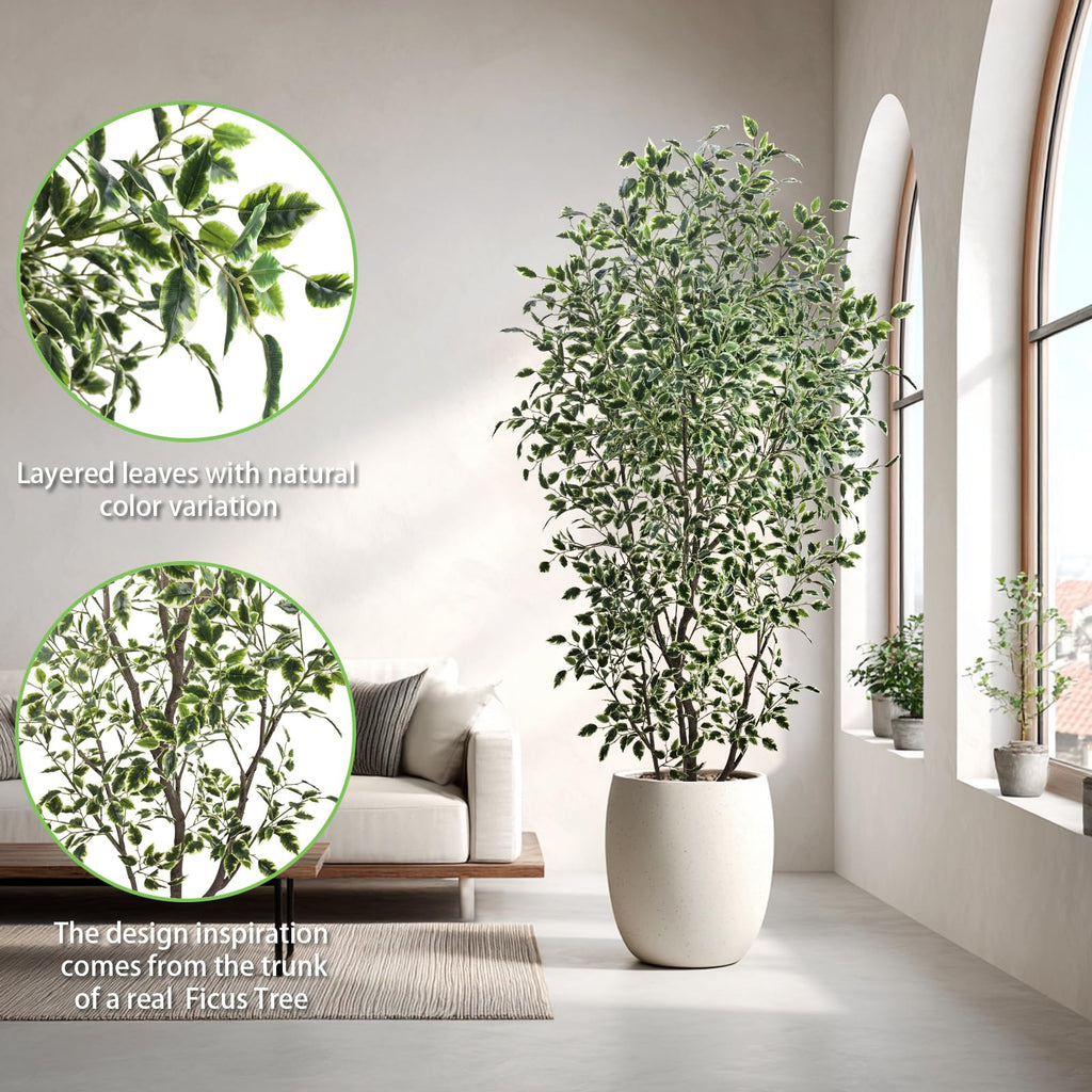 Artificial Ficus Tree, 8ft Tall, Variegated Green and White Foliage, Zero Maintenance Indoor Decorative Plant with