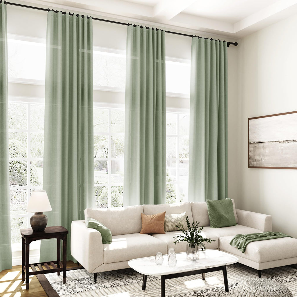 Extra Long Desert Sage Linen Curtains 120 Inch 2 Panels Set Rod Pocket Back Tab Light Filtering Semi Sheer Linen