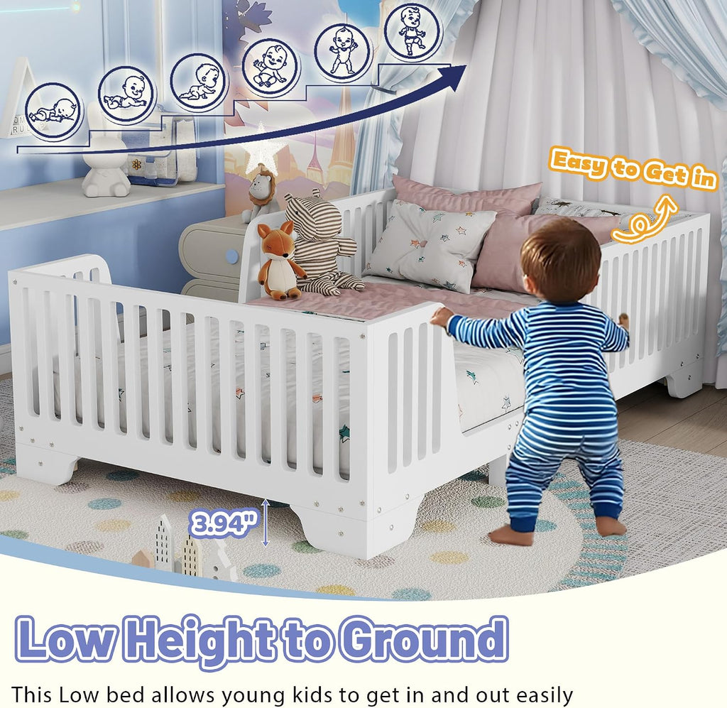 Floor Bed with High Fence Rails, Wooden Montessori Bed Frame with Detachable Door & Slats, Low Profile Beds