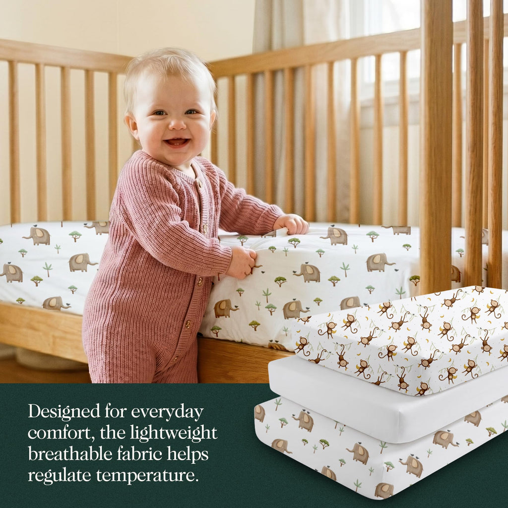 100% Organic Cotton Mini Crib Sheets, 27" x 39", Safari, 3-Pack