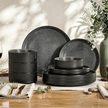 Stoneware Dinnerware Set for 4, Ribbed Plates and Bowls