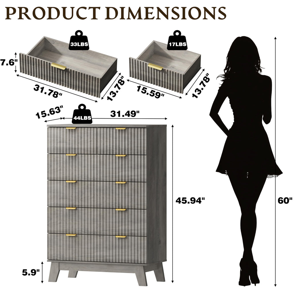 46" Tall, 6-Drawer Fluted Chest of Drawers, Modern Wood Highboy with Deep Storage, Metal Slides and Handles
