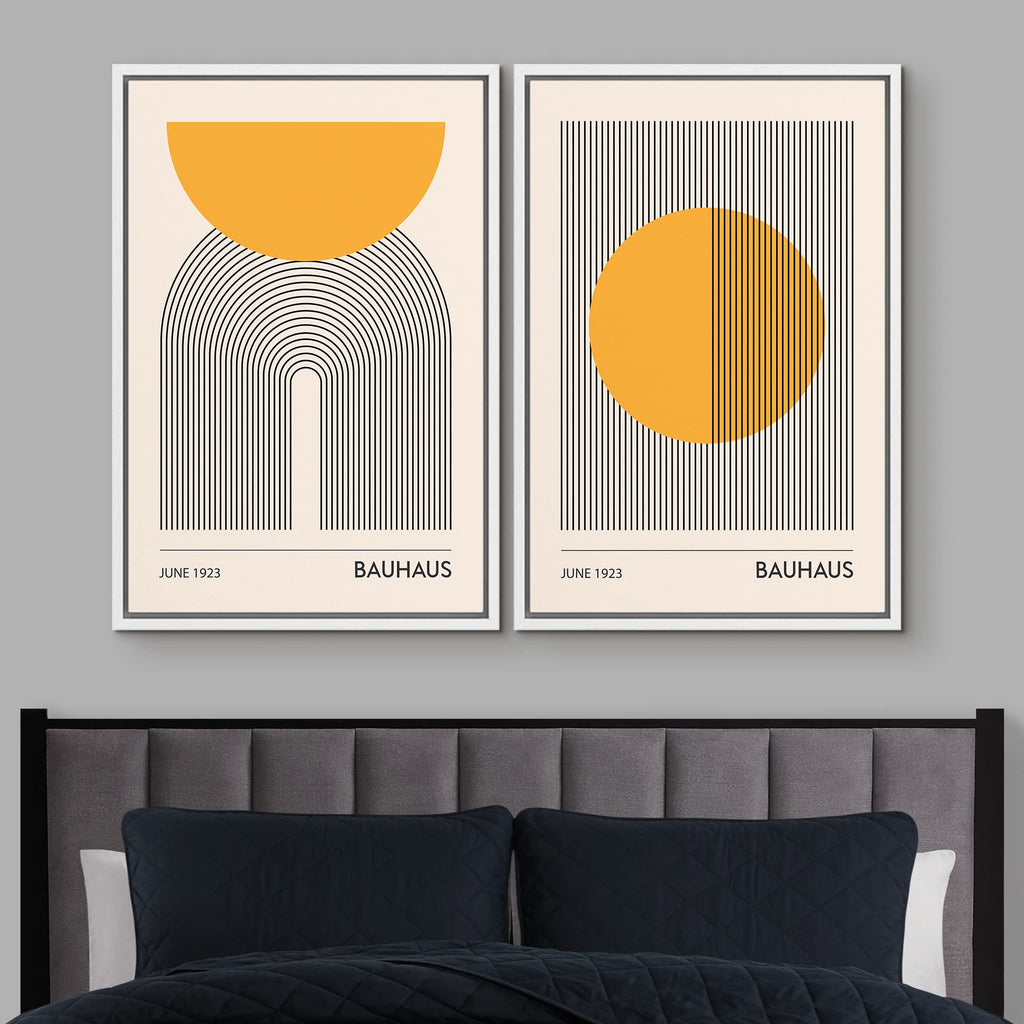 Framed Canvas Print Wall Art Set Bauhaus Geometric Solar Sun Wave Collage Abstract Shapes Illustrations Modern Art