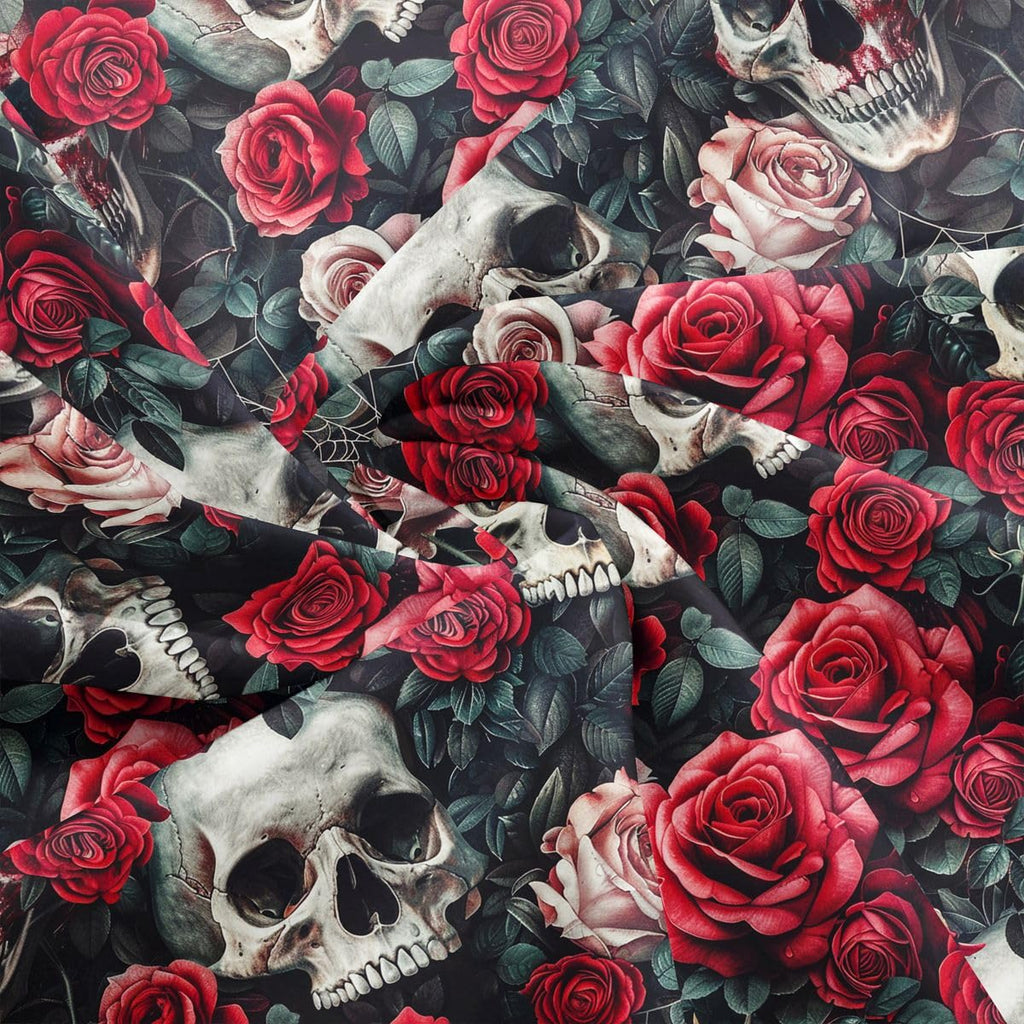 Red Rose Fabric by The Yard Human Skull Gothic Style No Stretch Fabric for Sewing Supplies Vintage Flower Romantic