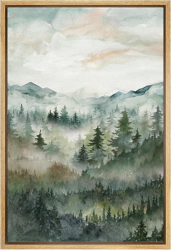 Framed Canvas Print Wall Art Woodland Nursery Decor Green Winter Mist Mountain Forest Trees Nature Modern Art