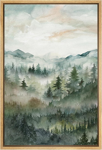 Framed Canvas Print Wall Art Woodland Nursery Decor Green Winter Mist Mountain Forest Trees Nature Modern Art