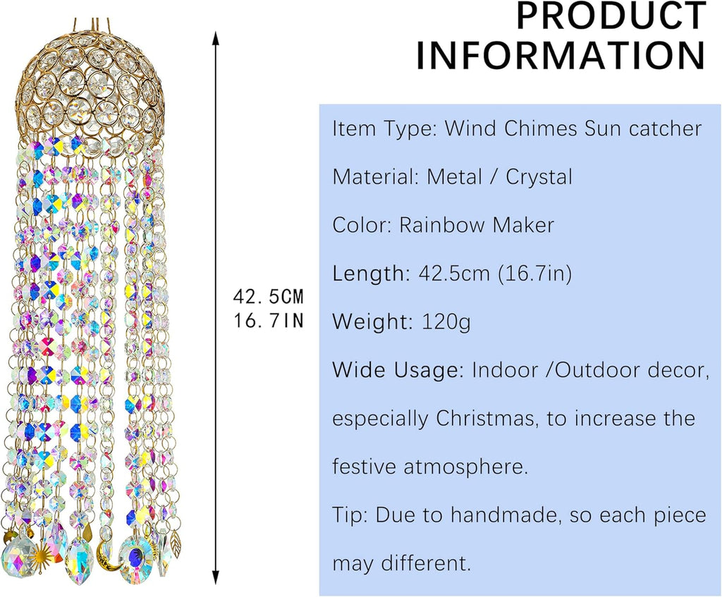 Crystal Suncatcher Wind Chimes Window Hanging Rainbow Maker - 16.7 Inch Chandelier Design, AB Color Crystal Prism