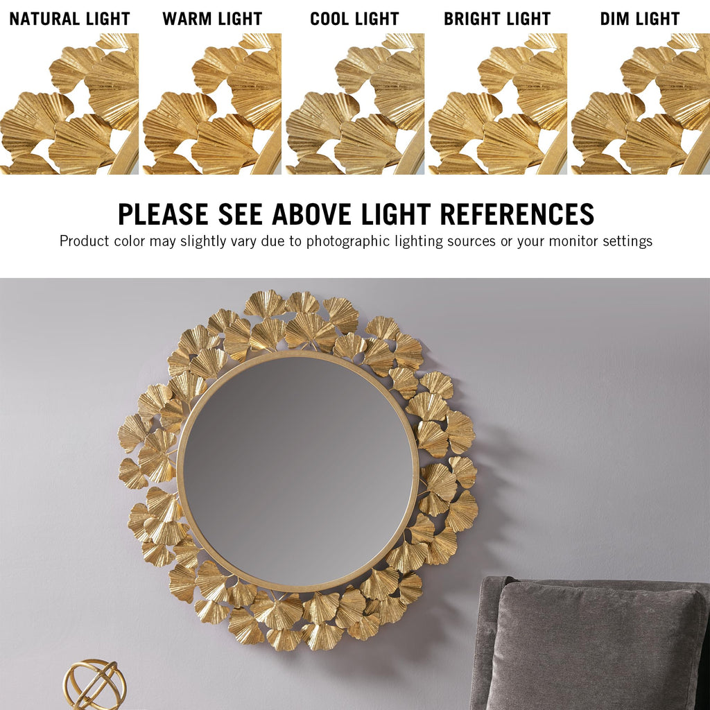 Wall Décor Large Gingko Leaf Round Wall Mirror, Iron Metal Plate Frame Antique Finish, Ready to Hang Bedroom