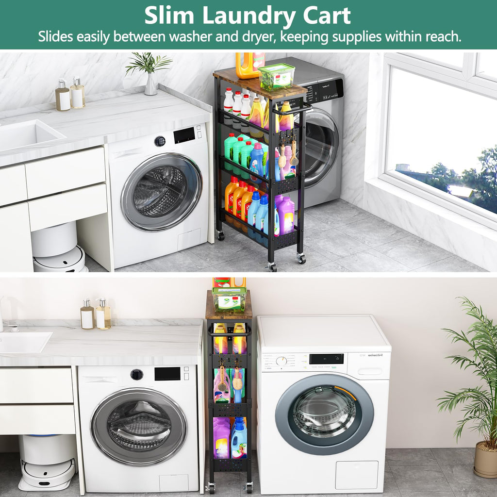 4-Tier Slim Utility Rolling Laundry Cart with Wheels, Metal