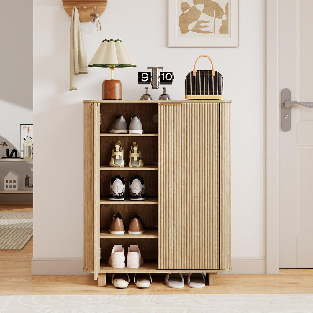 Fluted Entryway Shoe Storage Cabinet with Doors, 5 Tier 39'' Tall Freestanding Modern Shoe Rack Organizer Cabinet