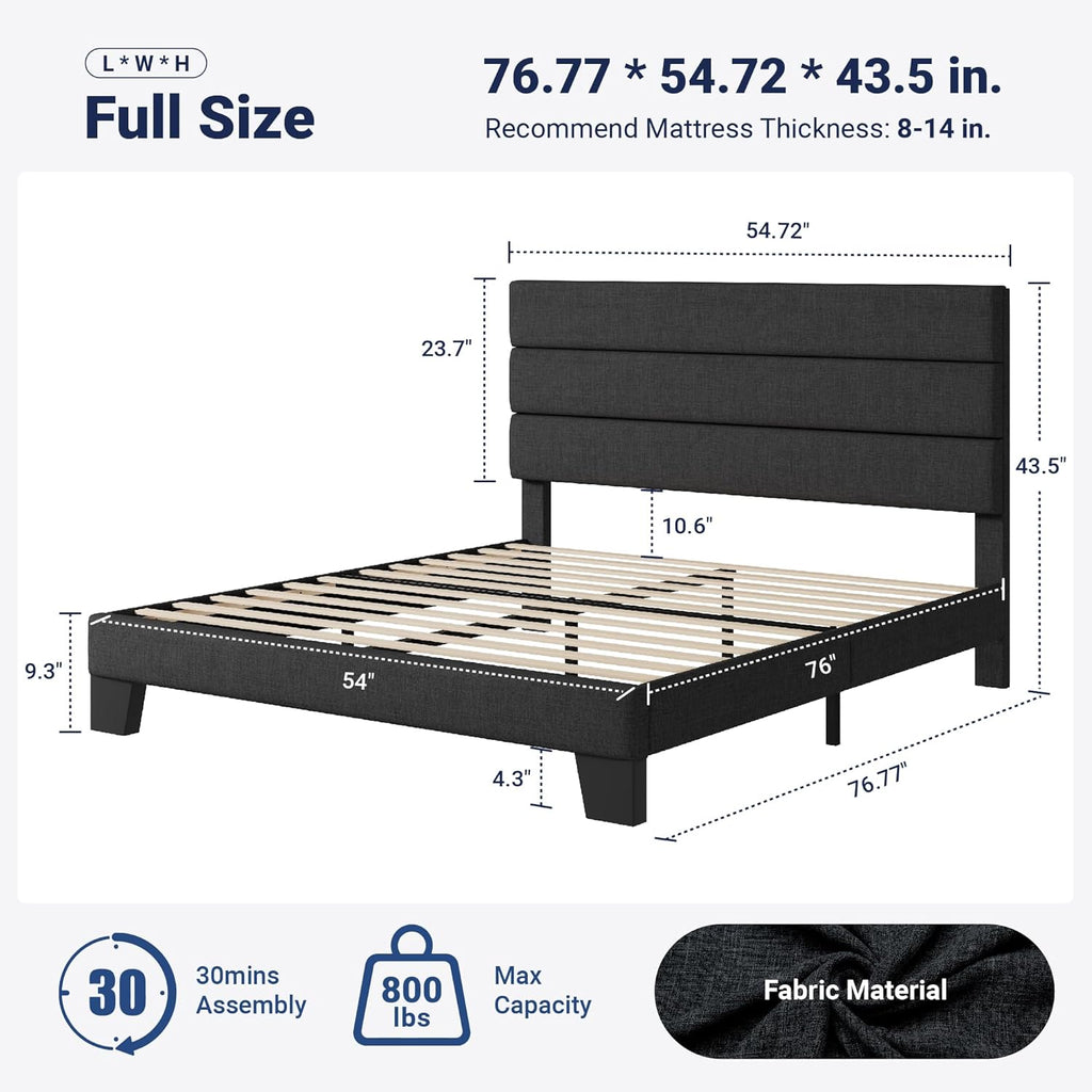 Full Platform Bed Frame with Fabric Upholstered Headboard and Wooden Slats Support