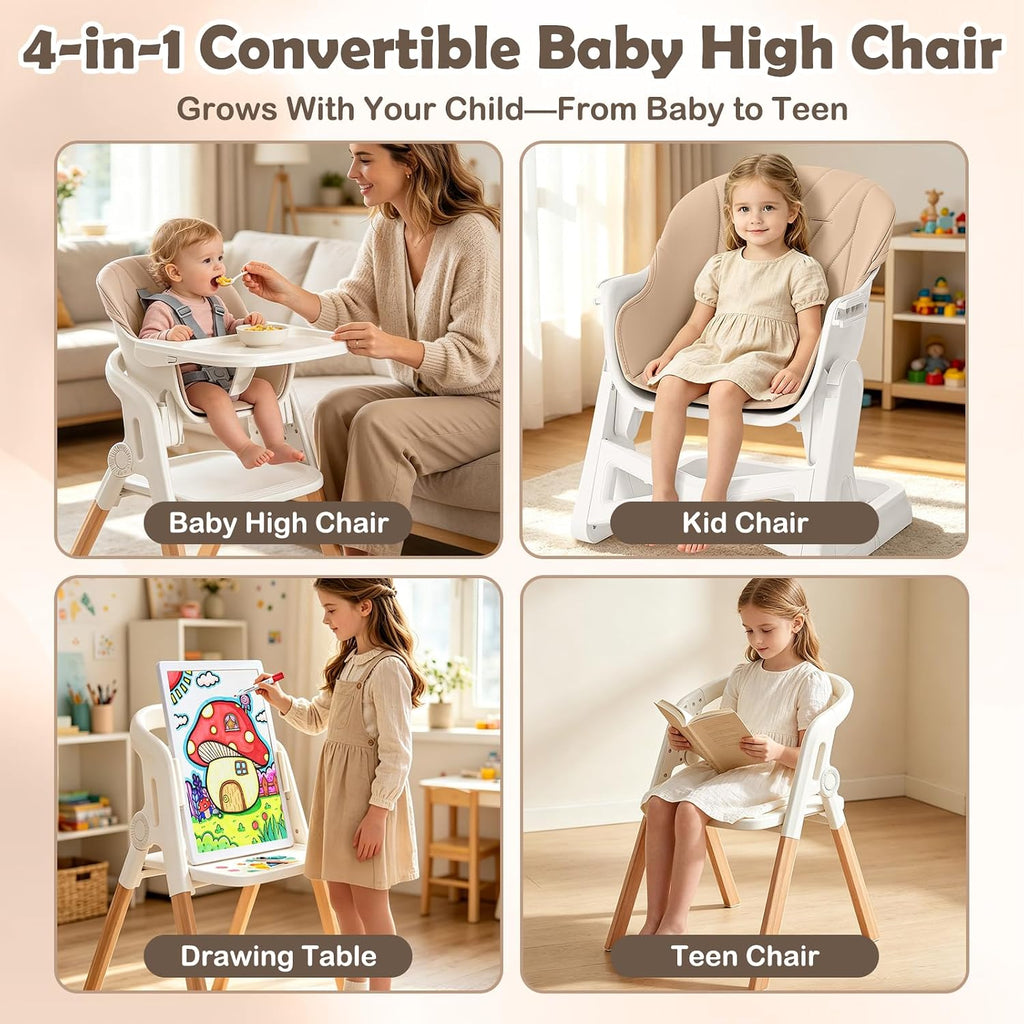 Foldable Baby High Chair, 4-in-1 Convertible Wooden Baby Highchairs (Beige) | Easel & Stool, Feeding Chair for Babies