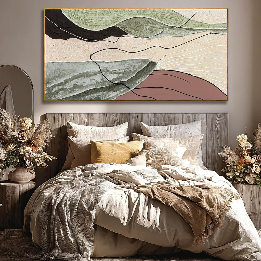 Brown Green Abstract Canvas Wall Art, Framed Beige White Painting, Neutral Black Prints Wall Decor, In Artwork