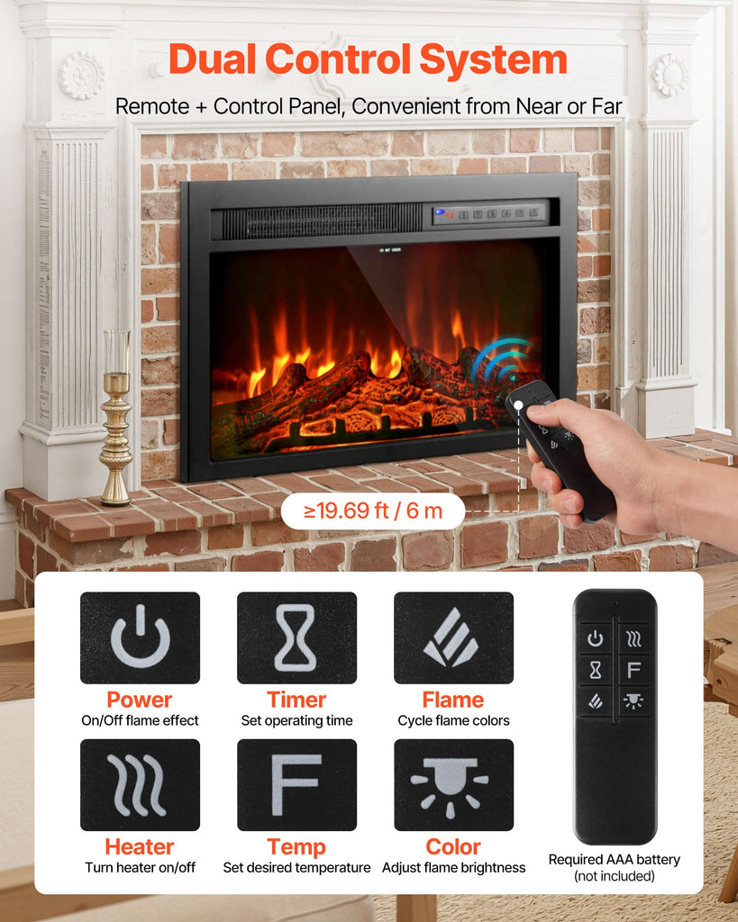 Electric Fireplace Insert, 26 inch Recessed and Wall Mounted with Adjustable Flame Color Brightness & 8h Timer &