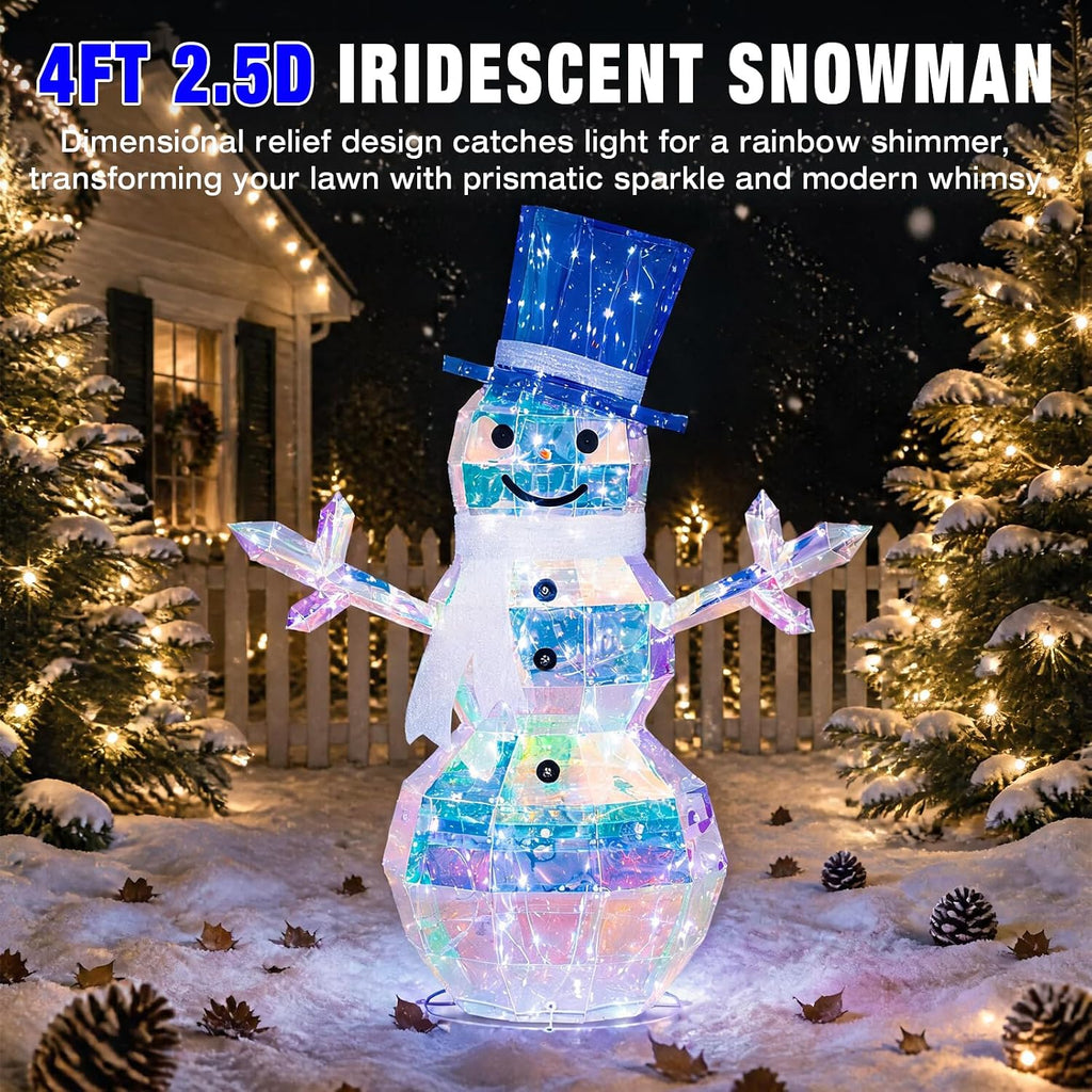 4 FT 2.5D Iridescent Prismatic Lighted Snowman, Outdoor Christmas Snowman Decoration with 100 Cool White LED Lights