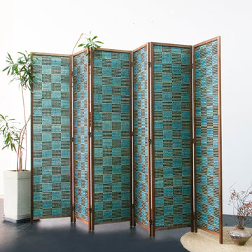 6 Panel Room Divider Screen and Folding Panel Screen, Double Sided Bamboo Divider for Room Separation, Blue Square, 67"