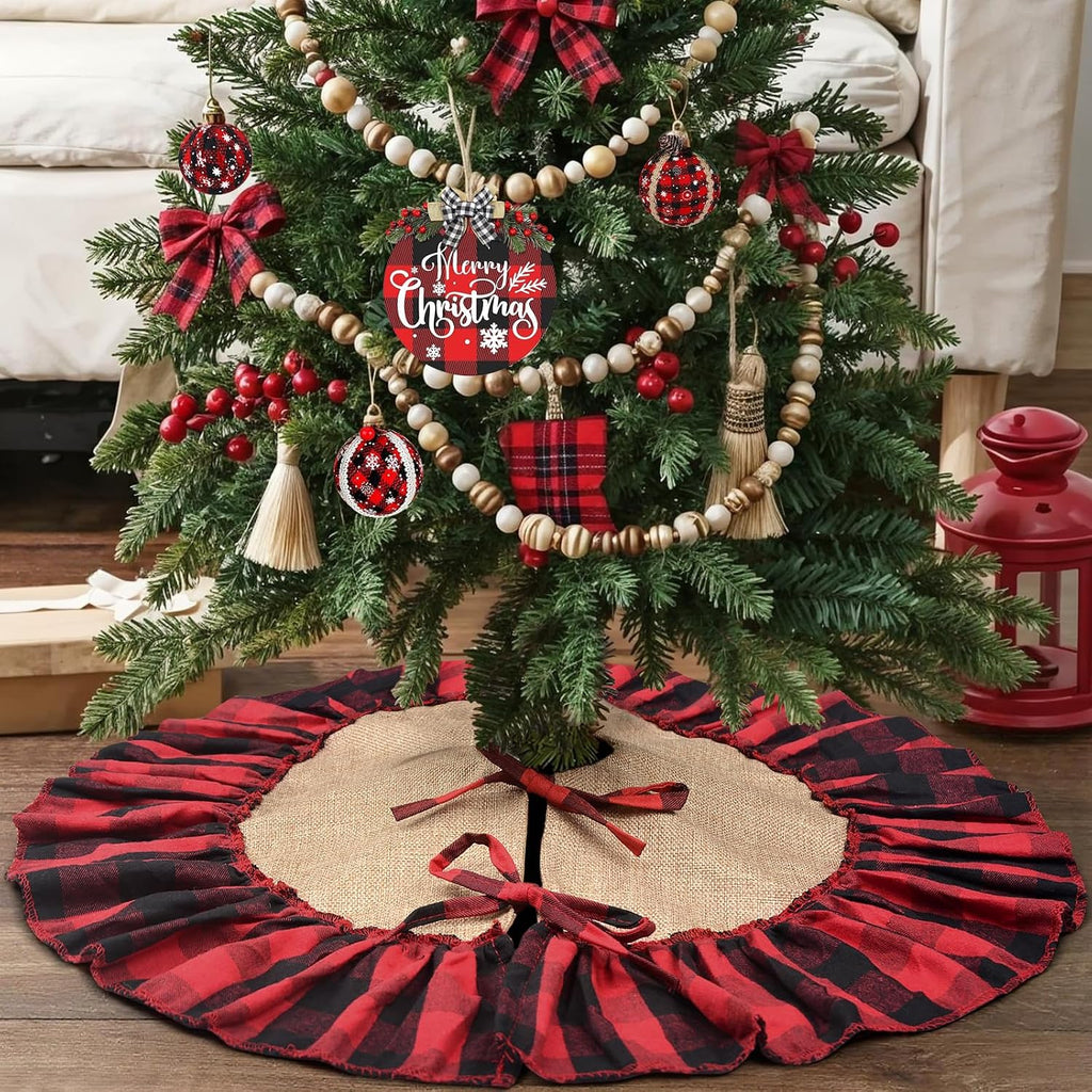 Mini Buffalo Plaid Burlap Tree Skirt with Red and Black Ruffle, 24 inch Small Red Black Gingham Chrismtas Tree Skirt