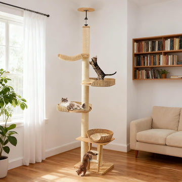 Floor to Ceiling Cat Tree, 77-105 in Corner Tower for Indoor Cats