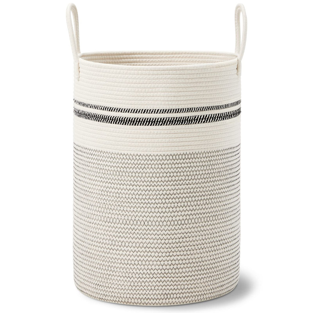 72L Tall Woven Laundry Basket Hamper, Stripe White