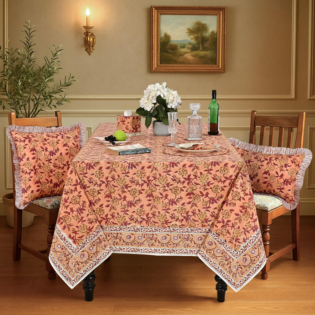Apricot Rosette Vine Block Print Rectangle Tablecloth 52x70 Inch