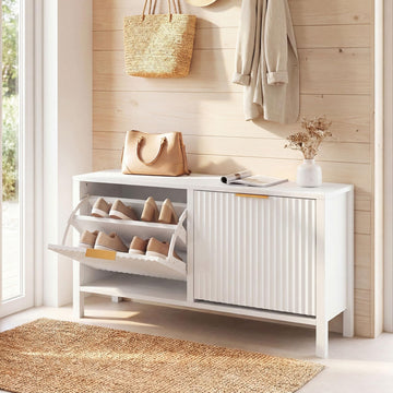 Shoe Storage Bench with 2 Flip Drawers, Wooden Entryway Bench with Storage, Fluted Doors, Adjustable Shelves, Hidden