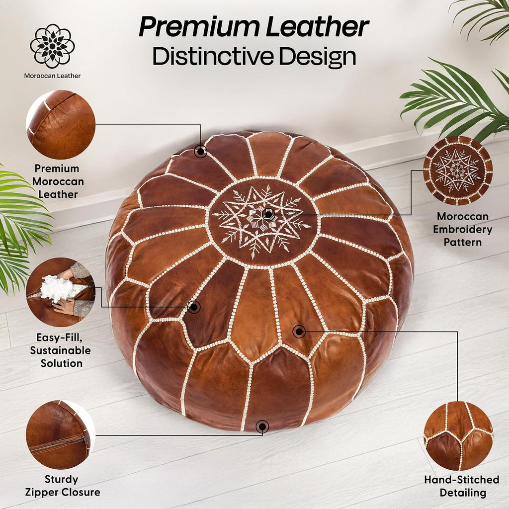 Pouf Ottoman Cover, Unstuffed Foot Stool, Round Boho Footrest Decor Gift (Dark Tan By White)