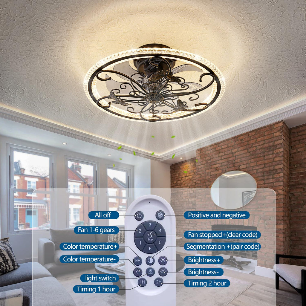 Retro Black Ceiling Fan with Lights Remote Control, 6 Speeds 3 Color Industrial Caged Ceiling Fan with Light Bedroom