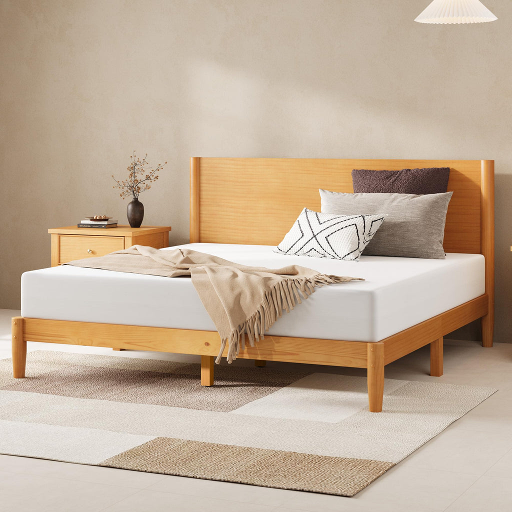 Solid Wood Queen Bed Frame, Mid Century Bed with Headboard, Yellow