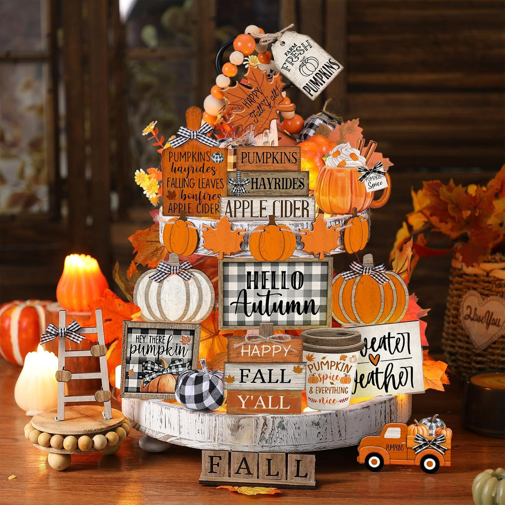 Fall Tiered Tray Decor Set Hello Autumn Table Sign Thanksgiving Farmhouse Pumpkins Maple Leaves Table - Set of 21