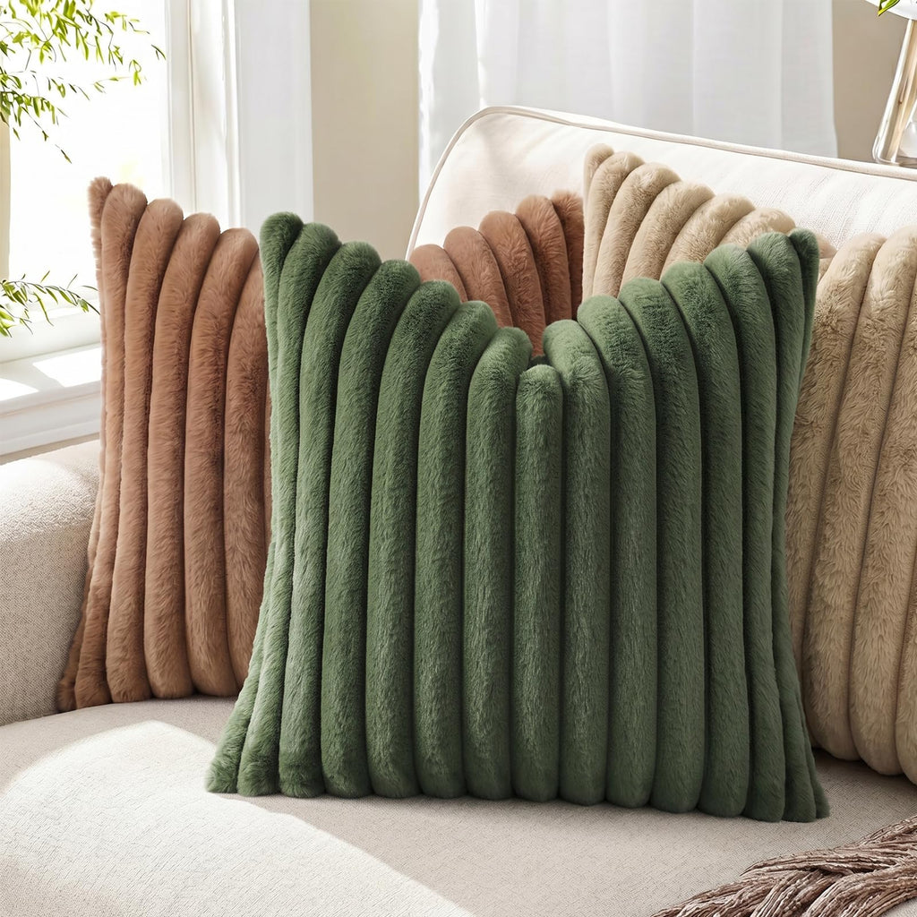 Faux Fur Decorative Throw Pillow Covers 18x18 Set of 2, Olive Green