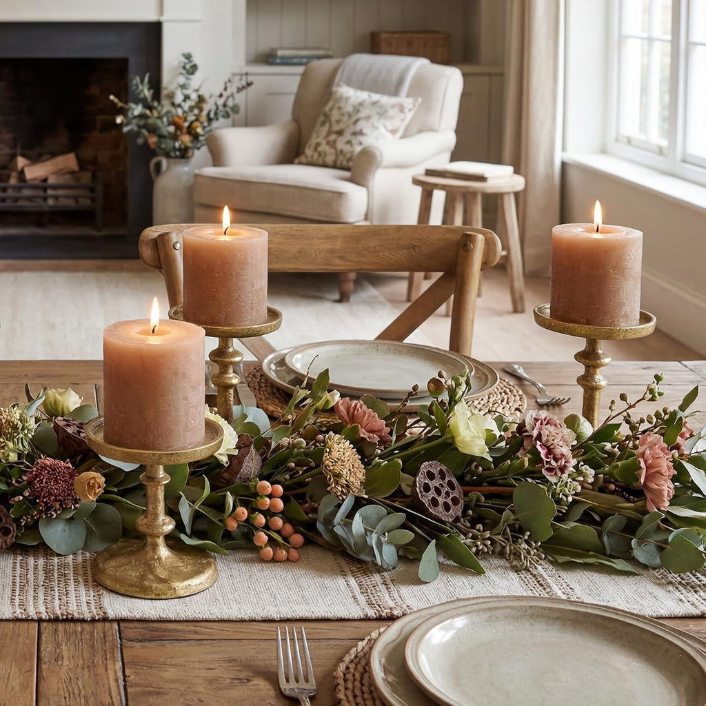 Gold Cast Iron Pillar Candle Holders Set of 2 Farmhouse Candlesticks | Fireplace Mantel, Dinning Table Centerpieces