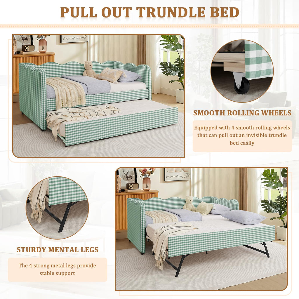 Twin Size Gingham Daybed with Trundle, Upholstered Linen Day Bed Frame with USB Ports & Wave-Shaped Backrest, Modern