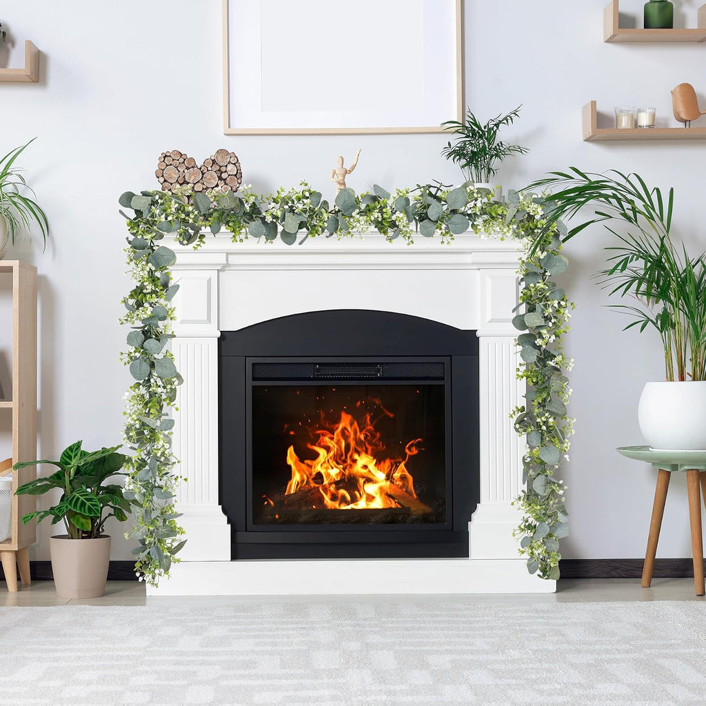 Artificial Eucalyptus Garland with White Flowers,5.9FT Greenery Garland Fake Vines Hanging Green Garlands - Set of 4