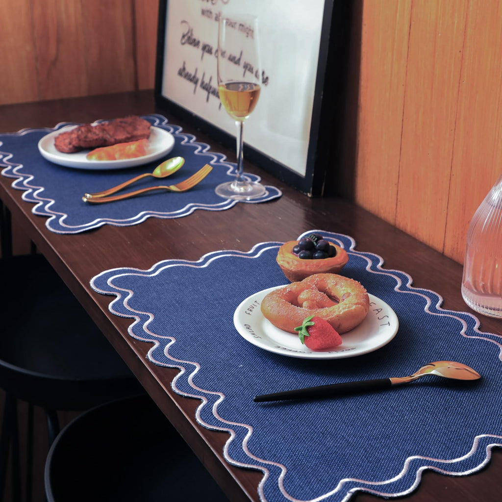 Navy Blue with White Scalloped Placemats Set of 6, Rectangle