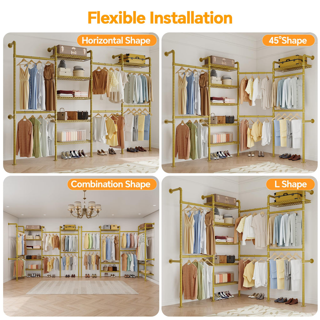W4 Wall Mounted Clothes Rack, Industrial Pipe Clothing Rack, Gold