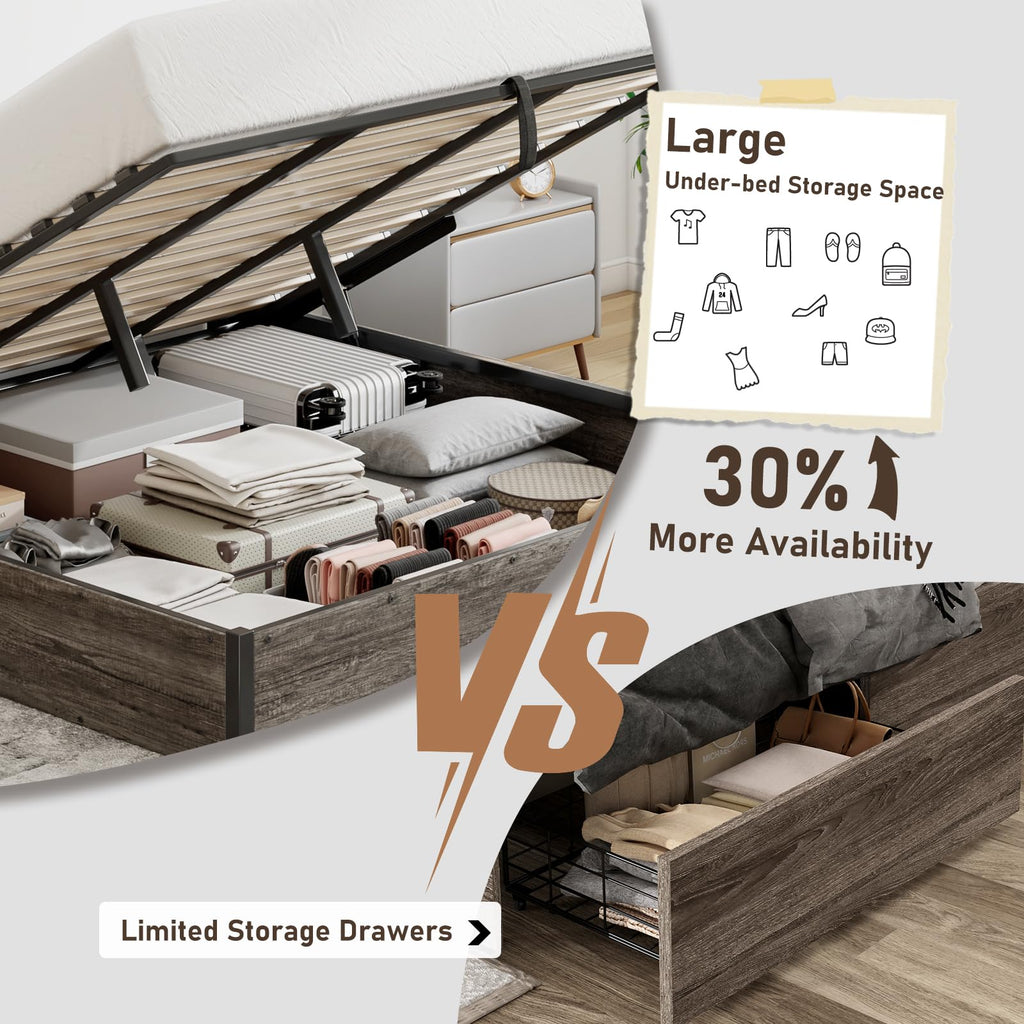 Bed Frame with Lift Up Storage, Rustic Grey
