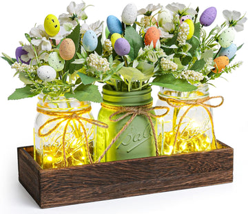 Easter Centerpiece Table Decorations for Table Runner Farmhouse Coffee Table Decor with Wood Tray and Led Light Table - Set of 3