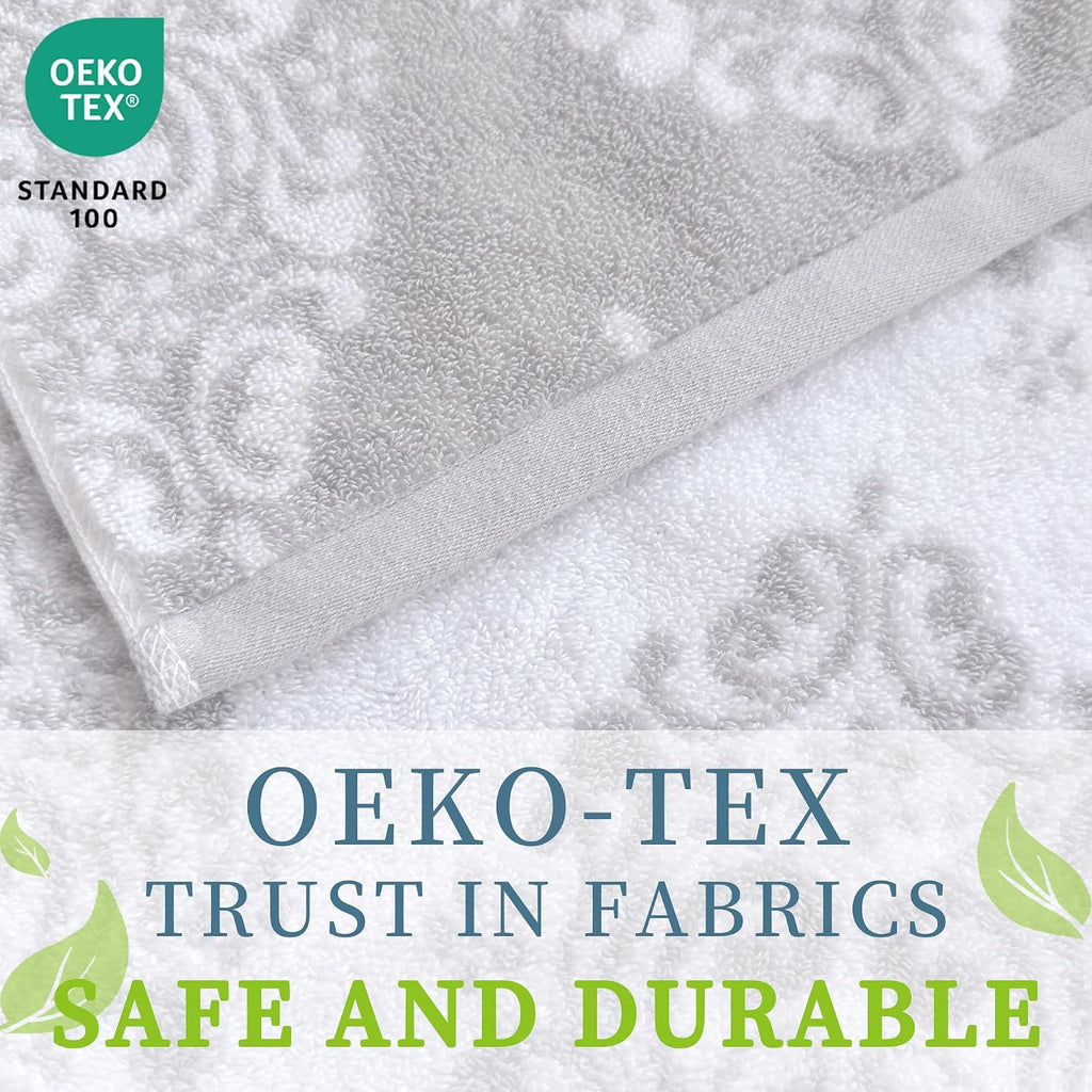 Grey Towel 6pc, 100% Cotton, Damask | Absorbent, Soft, Thick, Quick Dry, Heavy Duty, Fade-Resistant, Shower Towel