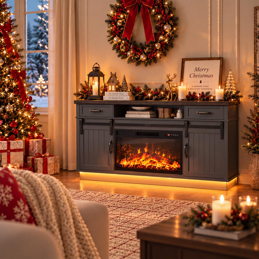 For TVs up to 65", Electric Fireplace with 3D Flame, Farmhouse LED Light Entertainment Center TV Console with with 2