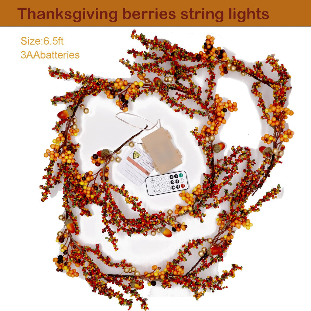 Fall Garland with Lights Berry Garland for Mantle Orange Fairy Lights 6.5FT 25LEDs Cozy Thanksgiving Decorations