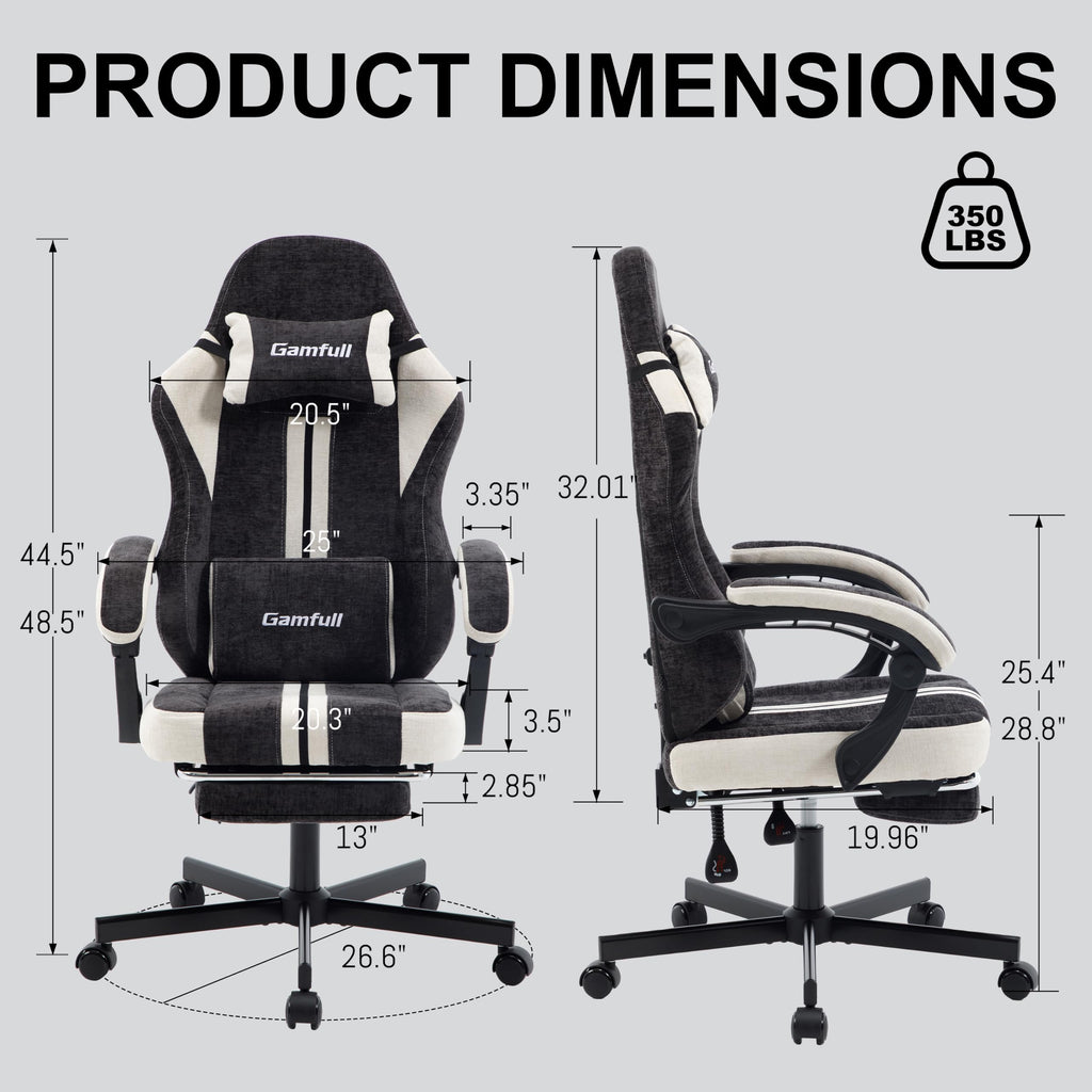 Fabric Gaming Chair for Adults, Video Game Chairs with Footrest, Black&White