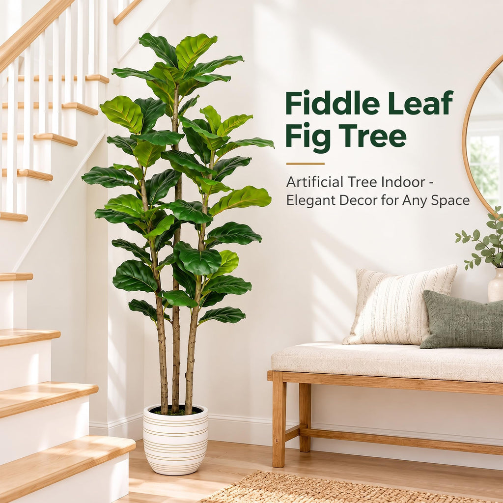 Fiddle Fig Tree Artificial 5FT Faux Trees Indoor with Planter & Basket
