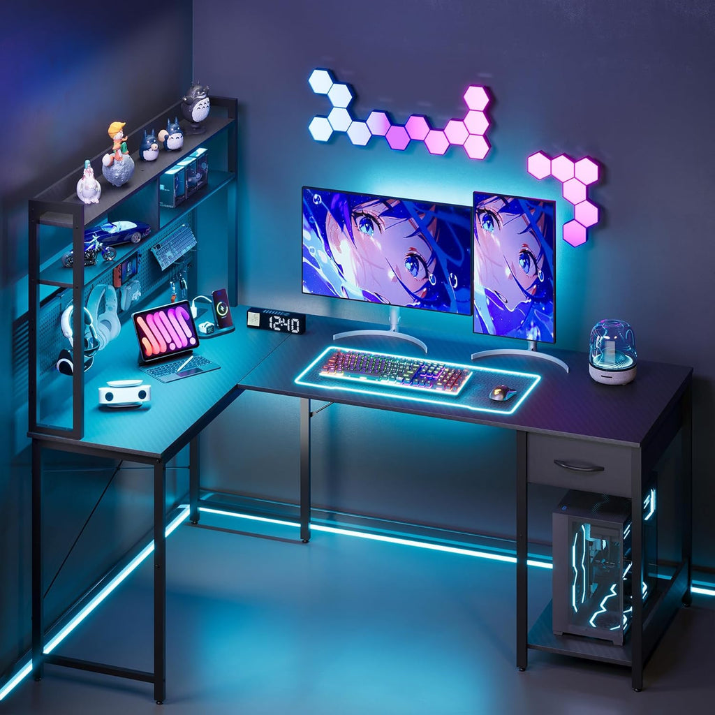 L Shaped Gaming Desk 53" with Hutch, LED Light and Drawer | Carbon Fiber Surface, Storage Shelves, Pegboard with