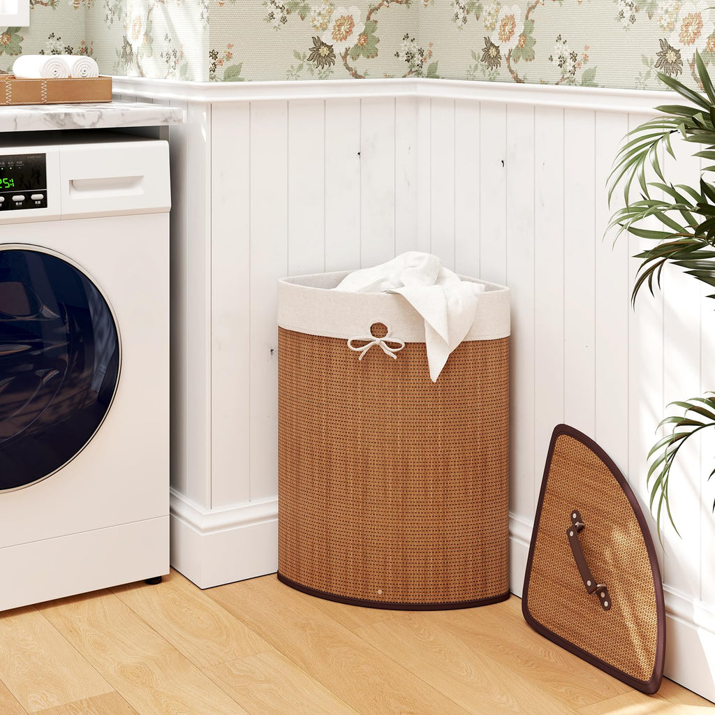 58 L Corner Laundry Hamper with Lid, Removable Liner, Handle Bamboo